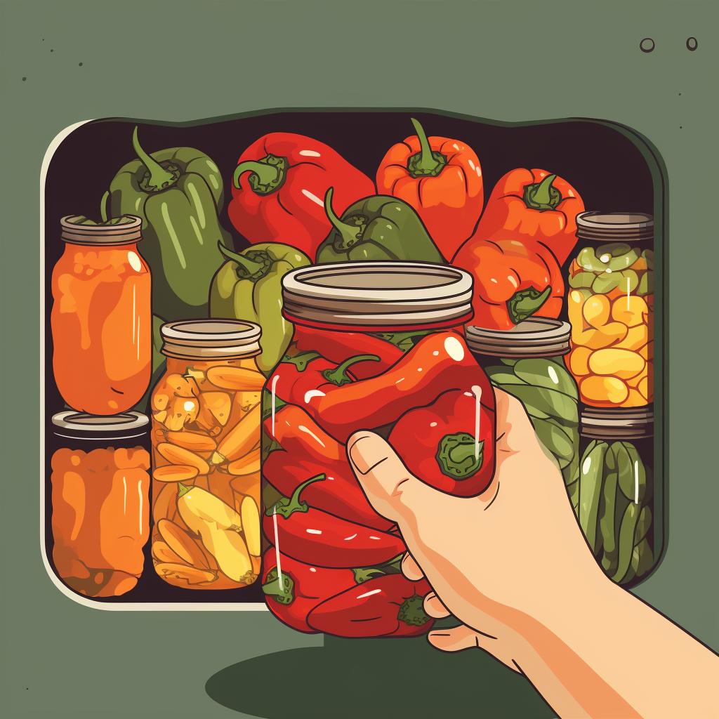 Capped jar of fermented peppers being placed in the fridge